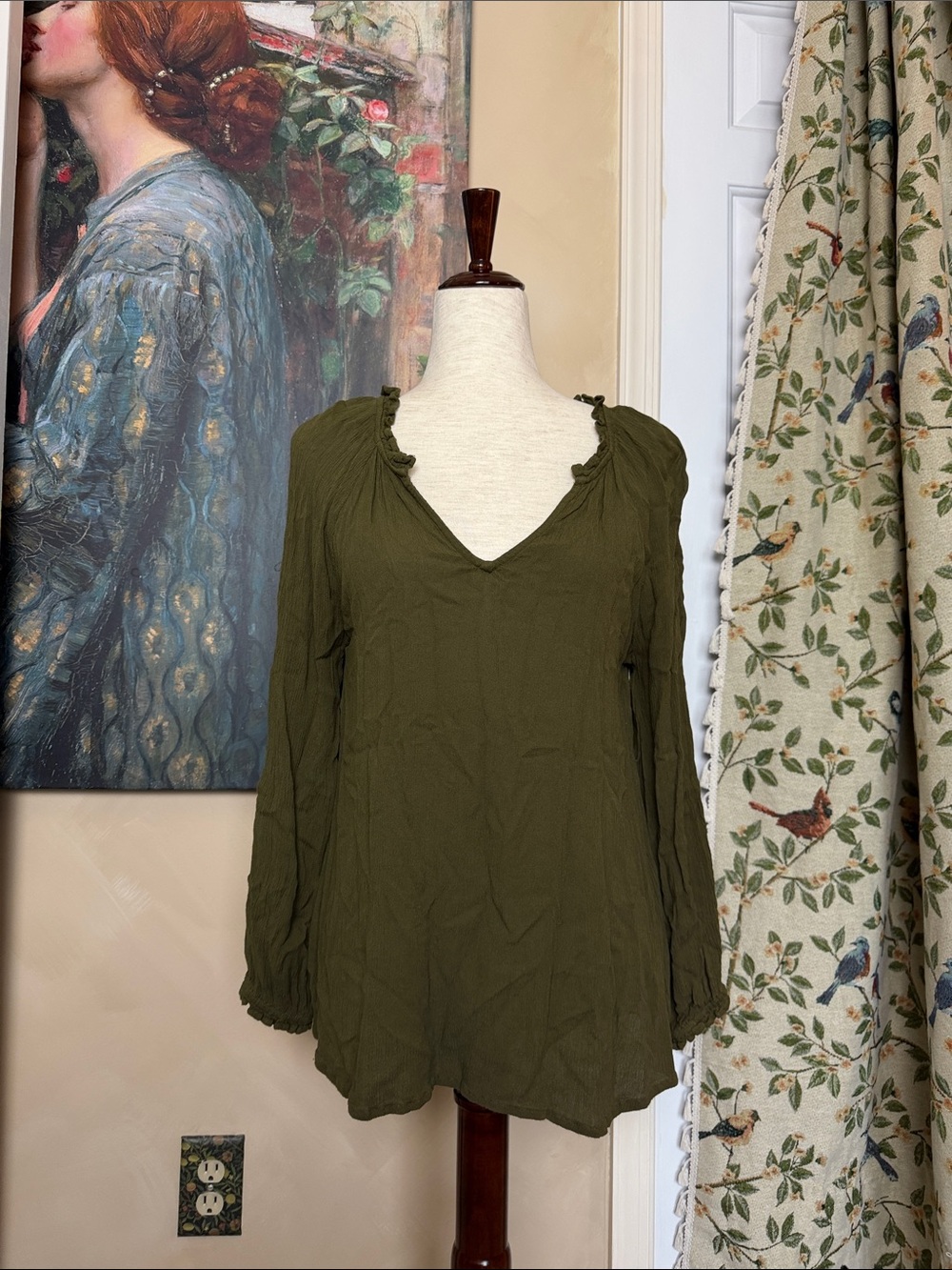 Renaissance Faire Peasantcore Olive Green V-Neck Long Sleeve Women's Blouse